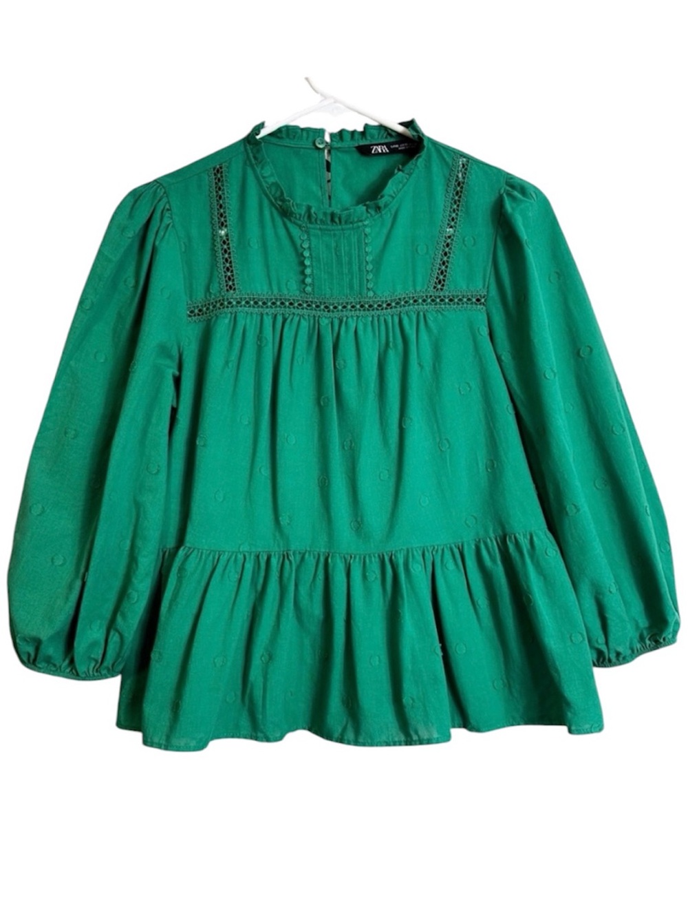Zara Green Lace And Ruffle Cotton Peplum Blouse FLAW